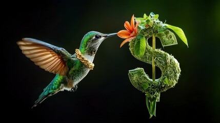 Obraz premium Hummingbird with Gold Necklace Approaching Money Plant Flower