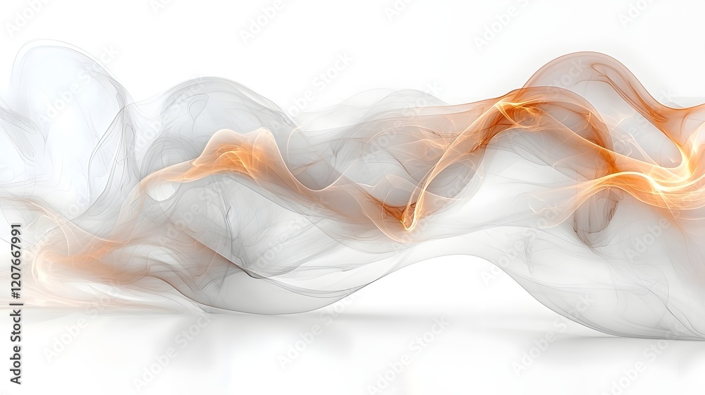 Poster Gracefully flowing warm toned smoke patterns with fluid curves and wisps gently floating and drifting on a pristine white backdrop