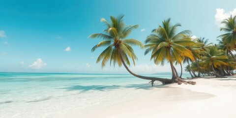 Beautiful beach landscape with crystal clear turquoise water, white sandy beach, lush green palm trees, and a bright blue sky, scenery, landscape