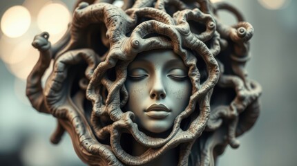 Obraz premium Serene sculpture: A woman's face emerges from a swirling mass of intricate, snake-like forms, creating a captivating contrast of peace and power.