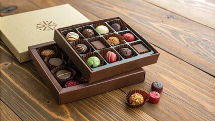 Box of assorted chocolates on a decorative wooden table, boxed chocolates, holiday treats, , spring decor, candy display