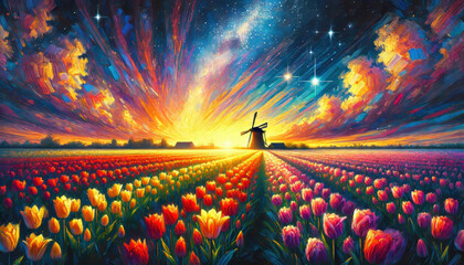 柔らかな色彩で描いたチューリップと風車の風景。
花畑と星空が織りなす調和の瞬間。
自然が奏でる優しい色彩のハーモニー。
風車と花畑の安らぎの情景。
穏やかな夜に包まれるチューリップの花畑。
柔らかな光に包まれる田園風景。
心を穏やかにする色彩の風景画。
Generated by AI.
