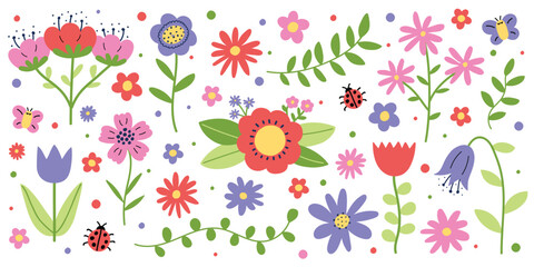 Colourful spring flowers set. Icons in cartoon style. Vector illustration