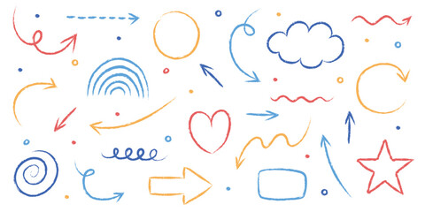 Set of hand drawn grunge arrow, line, square, circle and various shapes. Abstract pencil, crayon and chalk brush style. Doodles. Vector illustration