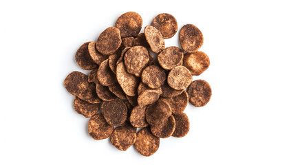 Obraz premium Organic apple cinnamon chips (slices) over white background - healthy vegan vegetarian fruit snack or ingredient for baking, cooking