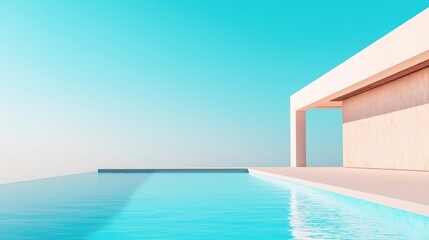 Fototapeta premium Modern architectural design featuring a serene infinity pool with a clear blue sky backdrop.