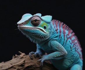 Fototapeta premium Blue bar panther chameleon changing color on black background, color change, tropical animal