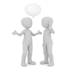 Two simple, cartoonish, light gray figures, standing in a conversation. The figure on the left has an open, communicative pose with arms slightly outward and a speech bubble above its head