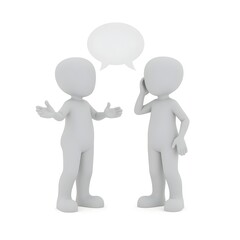 Two simple, cartoonish, light gray figures, standing in a conversation. The figure on the left has an open, communicative pose with arms slightly outward and a speech bubble above its head