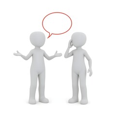 Two simple, cartoonish, light gray figures, standing in a conversation. The figure on the left has an open, communicative pose with arms slightly outward and a speech bubble above its head
