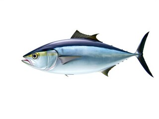 Bluefin tuna with shiny scales and prominent fin, isolated on white background, species, swim