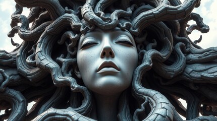 Serene Medusa Sculpture: A captivating close-up of a modern interpretation of the mythological figure, Medusa, showcasing intricate detail and a peaceful expression.