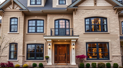 Obraz premium Luxury Home Exterior: Modern Architectural Design with Elegant Stone Facade and Large Windows