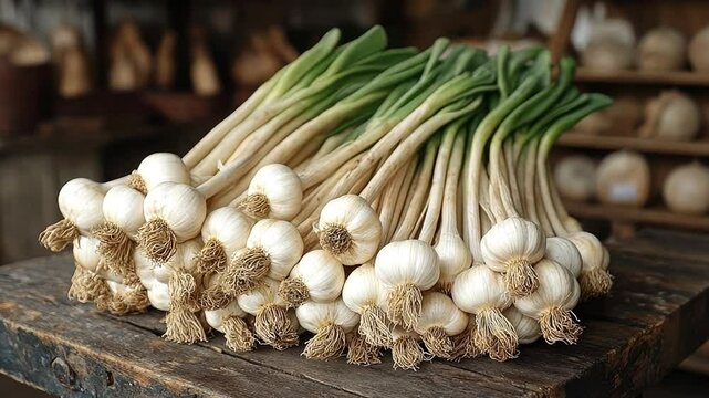 Freshly harvested garlic bulbs arranged on rustic wooden table