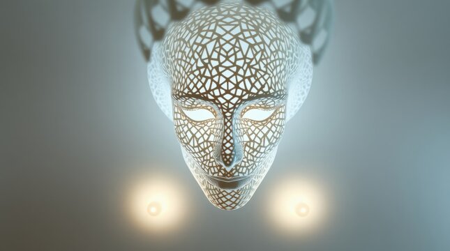 Intricate lattice-work face sculpture, illuminated from within, hangs from ceiling.  Modern art installation detail. - Powered by Adobe
