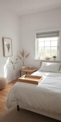 Fototapeta premium Bright bedroom with a blank bedside tray, minimalistic decor, white walls, cozy atmosphere, sunlight streaming through window, tray, bedroom