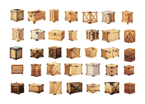 Wooden crates box cartoon vector set. Open closed timber goods protection cargo boxes delivery logistic containers, pallets storage warehouse packaging, isolated illustrations on white background