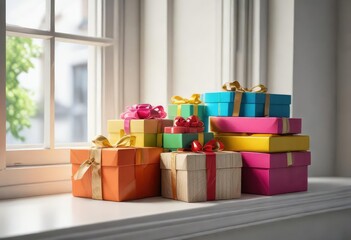 Obraz premium Brightly colored wooden gift boxes placed on a sunny windowsill , wooden furniture, colorful gift box
