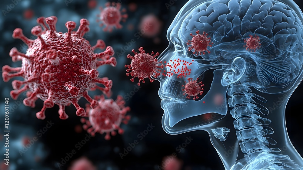 Aufkleber Conceptual 3D rendering of an X ray view of a human head focusing on the respiratory pathway and passage with red viruses floating and entering for educational and medical visualization purposes