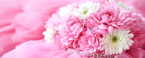 Pink floral bouquet on pink fabric