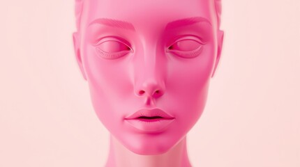 Close-up of a pink mannequin head against a pale pink background.  Smooth, flawless features are showcased in this minimalist aesthetic.