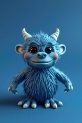 Naklejka premium Adorable blue furry creature with horns, large eyes, and a friendly smile. Perfect for children's books, cartoons, or websites.