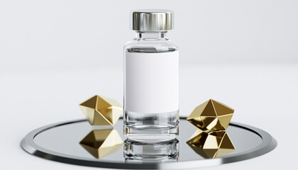 Single glass ampoule on a mirror reflecting its simplicity, showcasing a blank white label for branding opportunities, ideal for a bottle with blank label mockup.