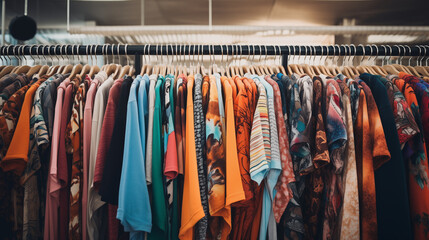Photos of clothing racks of textures and patterns of the clothes in thrift store