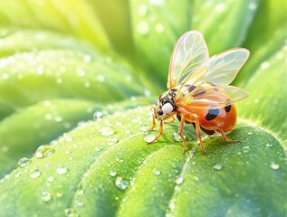 Naklejka premium Beautiful watercolor ladybug on fresh green leaf, spotted, life, delicate