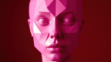 Geometric pink face sculpture against a dark red background.  Modern art, abstract design.