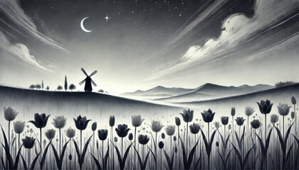柔らかな色彩で描いたチューリップと風車の風景。
花畑と星空が織りなす調和の瞬間。
自然が奏でる優しい色彩のハーモニー。
風車と花畑の安らぎの情景。
穏やかな夜に包まれるチューリップの花畑。
柔らかな光に包まれる田園風景。
心を穏やかにする色彩の風景画。
Generated by AI.
