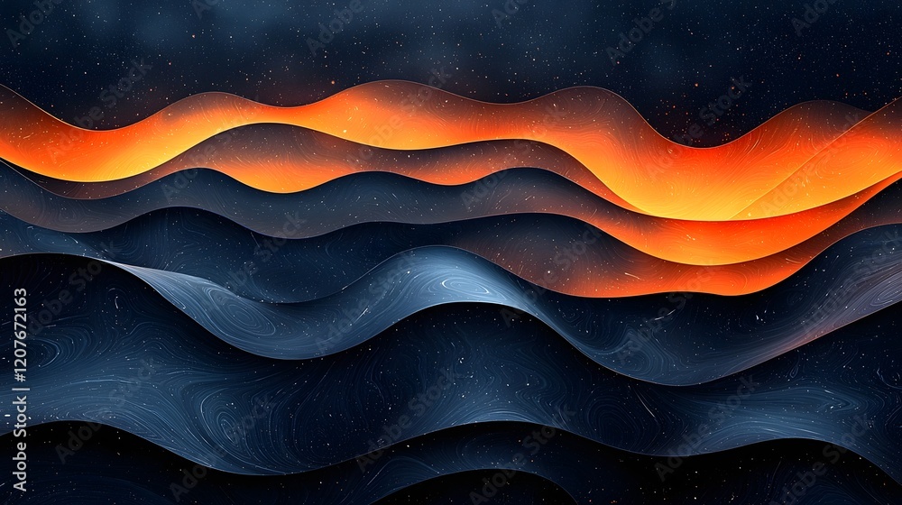 Poster Captivating abstract background showcasing a gradient of dark blue orange and black hues with dynamic wave like shapes and a grainy