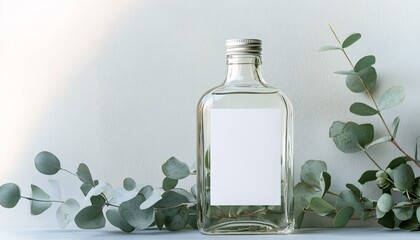 Single glass bottle mockup with a blank label, featuring an elegant eucalyptus leaf for a natural touch. Ideal for showcasing product designs or branding concepts.