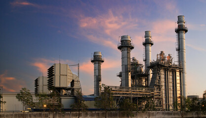 Natural Gas Combined Cycle Power Plant ,Gas turbine electrical power plant with in Twilight power for factory energy concept.