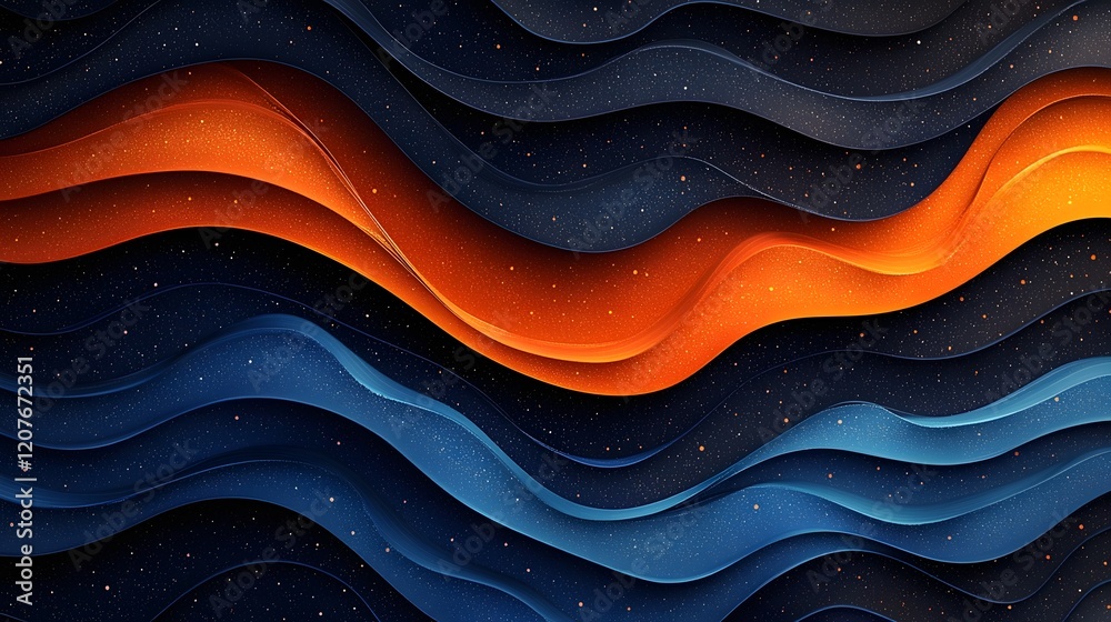 Poster Captivating abstract wave pattern with a vibrant gradient of blue orange and black combined with a grainy noise texture