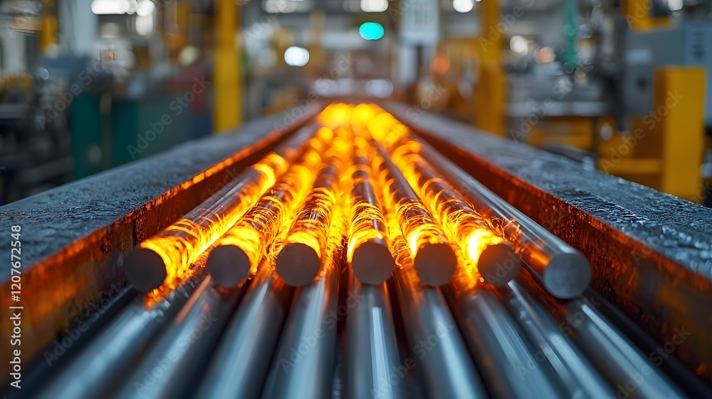 Poster close up image of glowing hot metal rods on a conveyor system in a busy active industrial factory se
