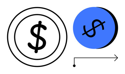 Dollar sign within a blue circle and another in a black circle, black arrow pointing right. Ideal for finance, investment, economy, growth, transactions, savings market trends. Abstract line flat