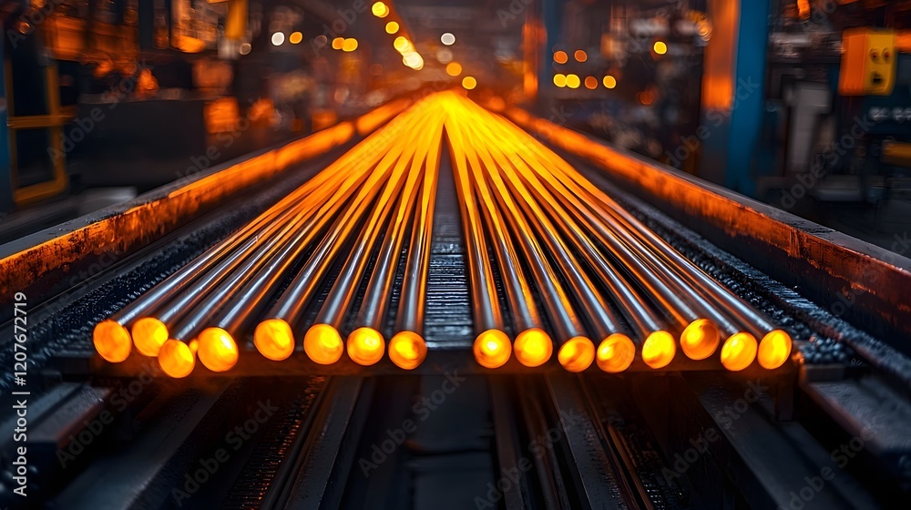 Aufkleber close up image of glowing metal rods moving on a conveyor system in a busy industrial factory settin