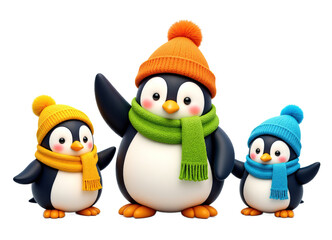 Obraz premium Three penguins with hats and scarves on transparent background