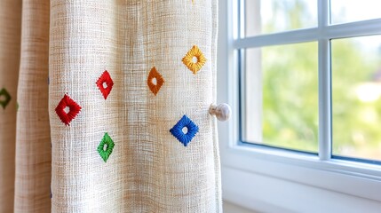 Embroidered Curtain  Natural Fiber  Window Detail  Home Decor