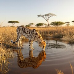 Obraz premium Cheetah drinking from watering hole in savanna, thirsty, savanna, water
