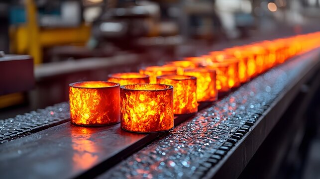 Close up view of a conveyor belt carrying glowing red hot metal rods in an industrial manufacturing facility - Powered by Adobe
