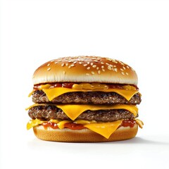 A large hamburger with two patties and a generous amount of cheese and ketchup