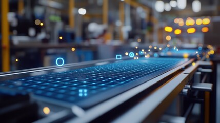 Futuristic conveyor belt transporting digital data with glowing blue lights and holographic symbols in a smart factory, representing automation, innovation, and advanced manufacturing processes