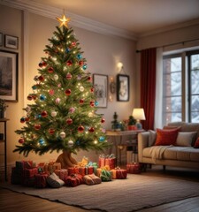 Christmas tree decorated with colorful ornaments and lights in a cozy living room, living room, holiday decor,