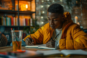 Obraz premium Concentrated young man studying with headphones in a home environment.