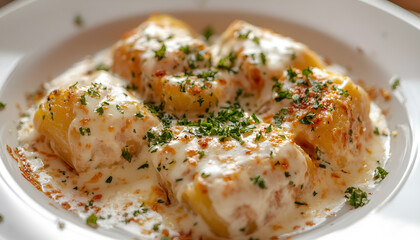 Potato gratin (casserole) with cream, cheese and parsley on white plate