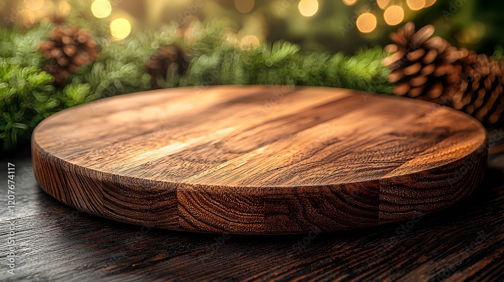 Fototapete Detailed side view of a rustic wooden plate used as a background enhanced by a warm bokeh glow creating a cozy and natural setting perfect for various interior design or food photography projects