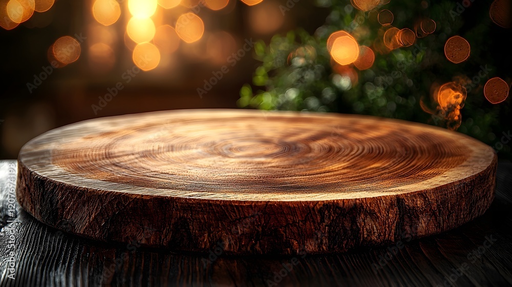 Poster Detailed side view of a rustic wooden plate used as a background enhanced by a warm bokeh glow perfect for creating a cozy and natural setting for food home decor or autumn themed imagery