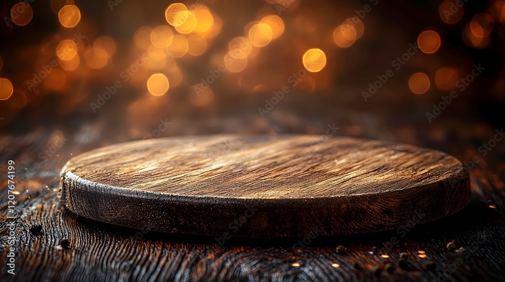 Poster Detailed side view of a rustic wooden plate used as a background enhanced by a warm bokeh glow creating a cozy and natural setting perfect for food recipe or lifestyle photography
